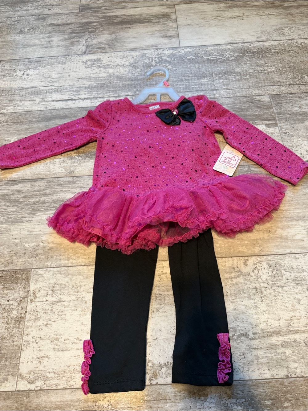 Swiggles Hot Pink Sequin Tutu Top with Black Bow & Black Leggings